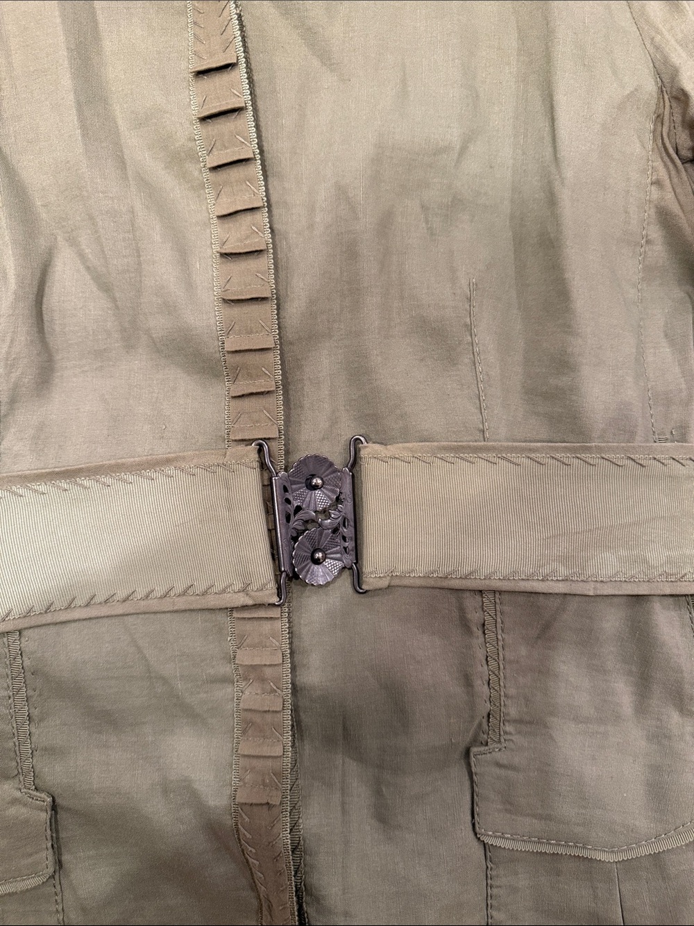 Elie Tahari linen blend khaki green belted utility jacket - Picture 5 of 10
